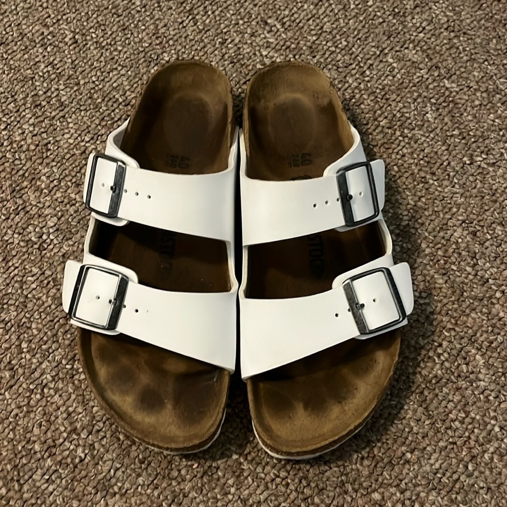Gently used white Birkenstock sandals